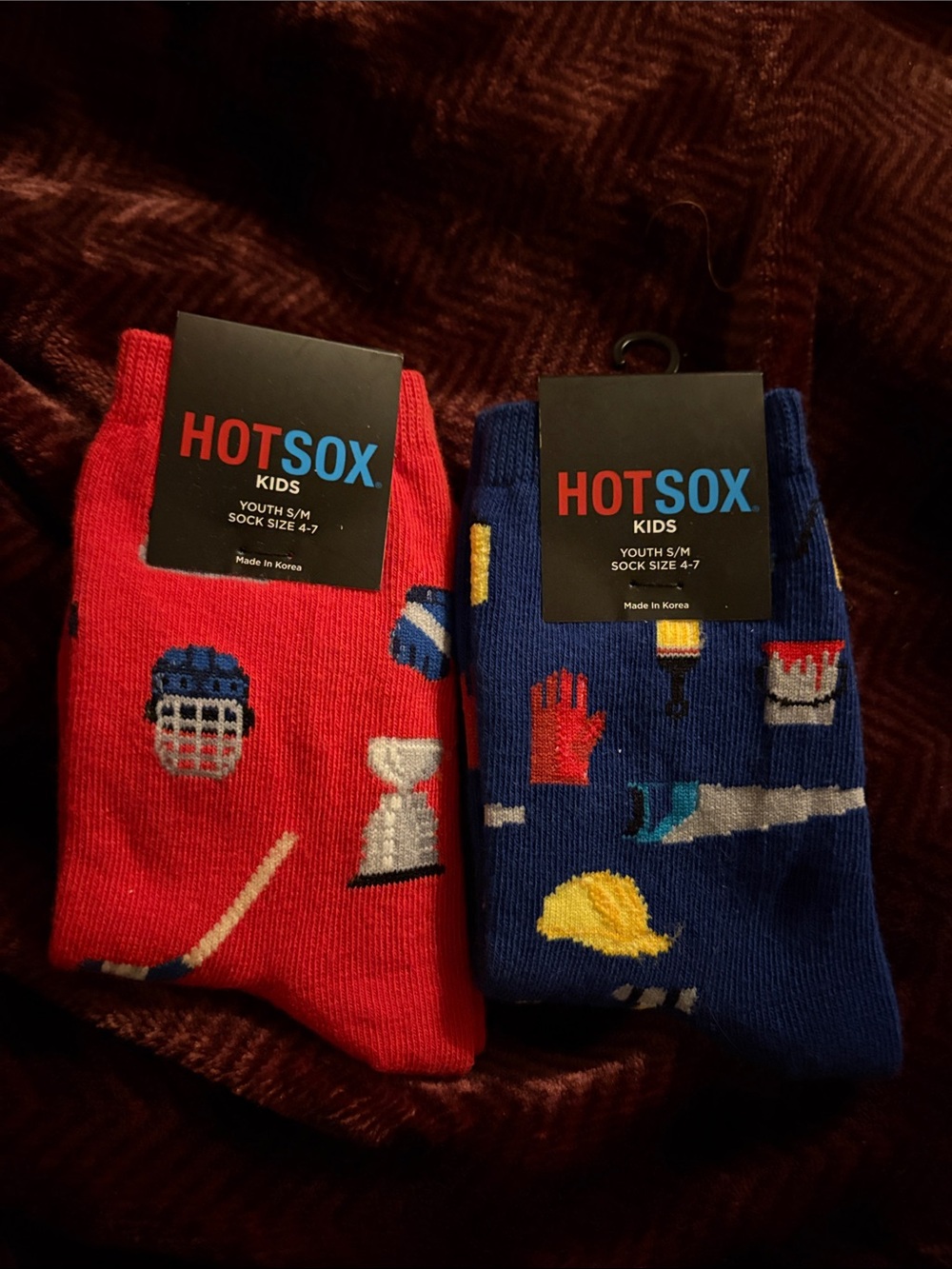 Hot Sox Kids Crew Socks - Red & Blue Work and Hockey Motif